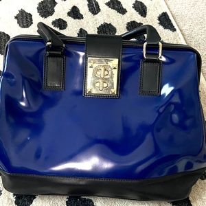 AB Asia Bellucci Patent Leather Blue & Black Color Block Tote Shoulder Bag EUC